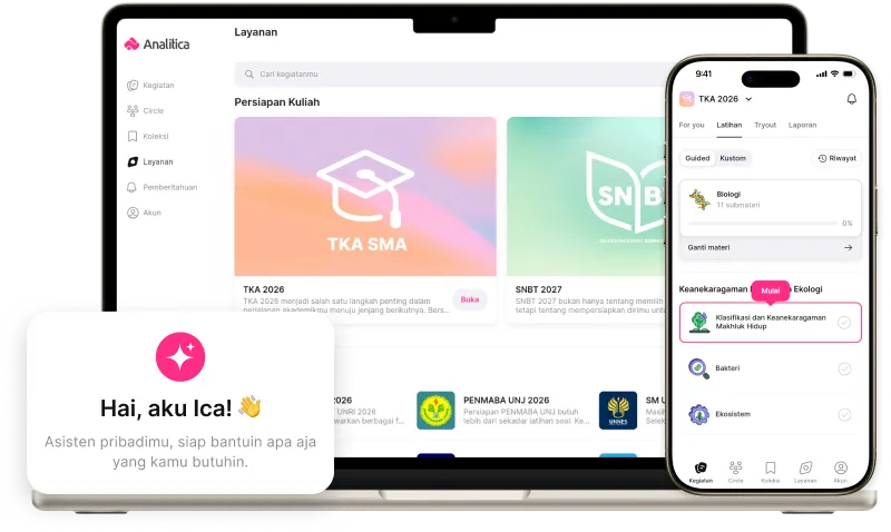 Aplikasi Analitica di laptop dan HP: daftar layanan persiapan TKA 2026 dan SNBT 2027, latihan soal per submateri, dan asisten Ica.